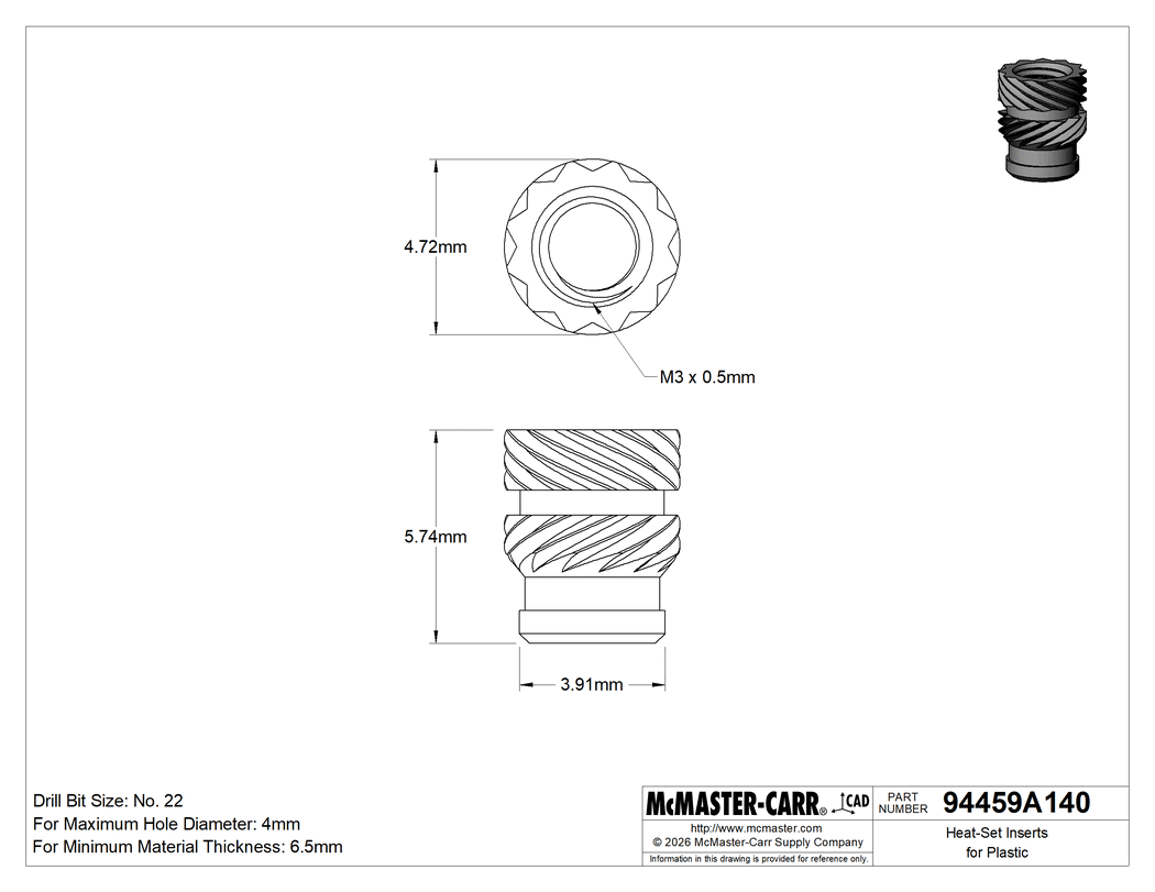 Technical Drawing of Heat-Set Inserts for Plastic, Brass, M3 x 0.5 mm, 5.7 mm Installed Length.